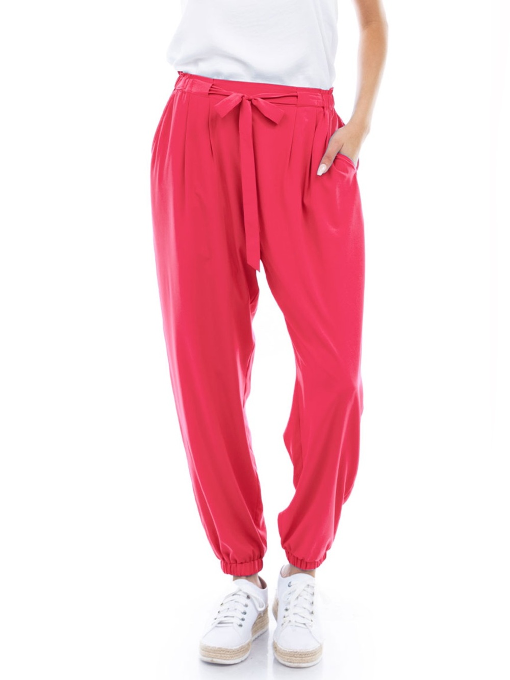Silky Soft Belted Elastic Waist Jogger Pants-Punch